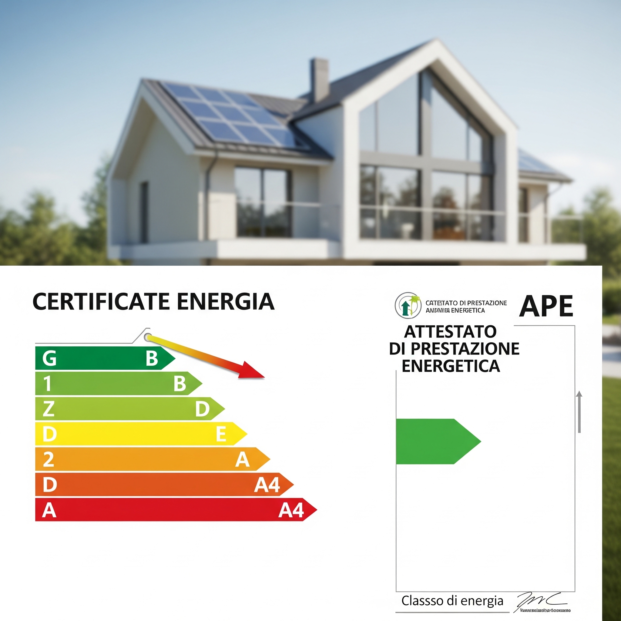 Indicatore di classe energetica APE su sfondo di casa moderna
