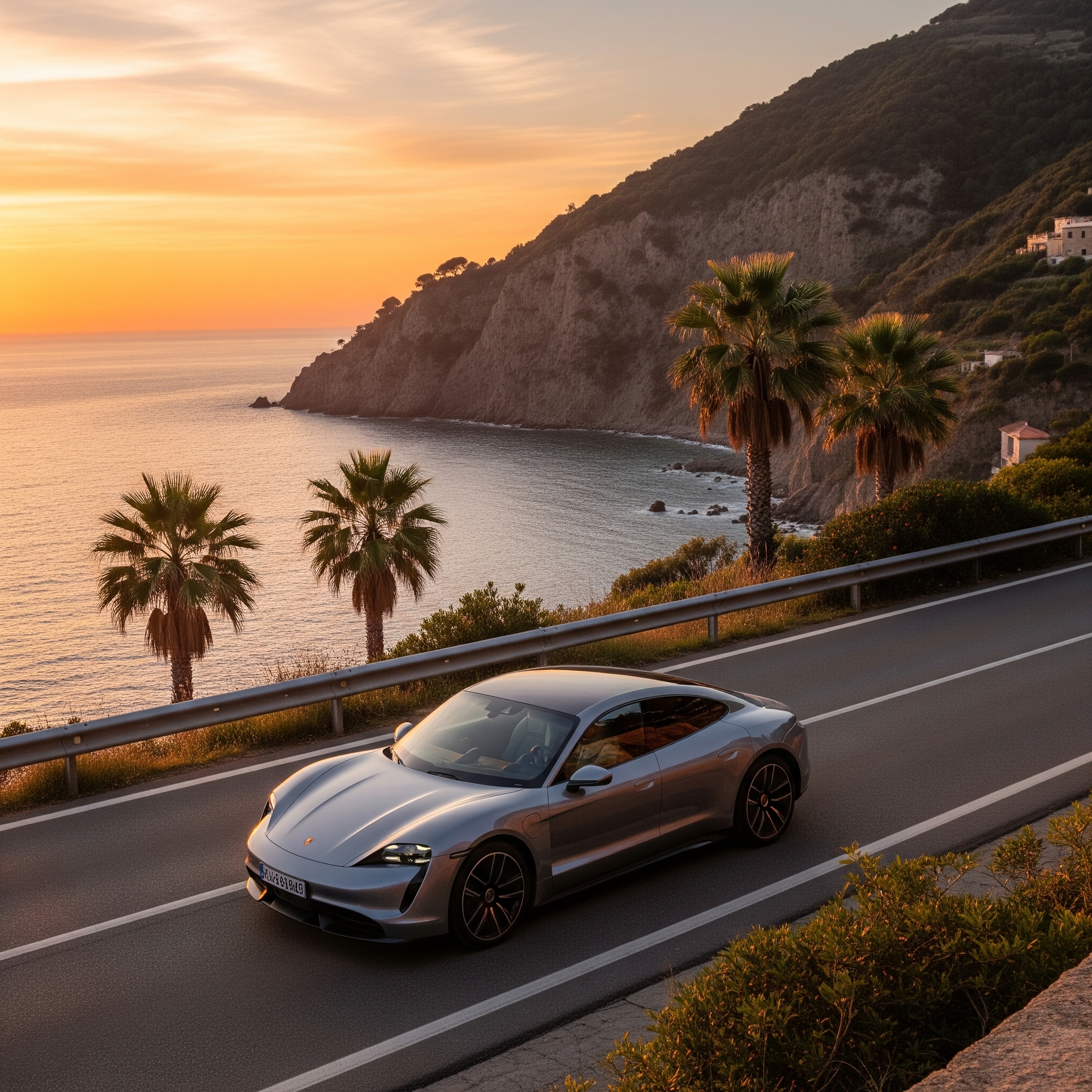 Auto elettrica che viaggia su una strada panoramica al tramonto