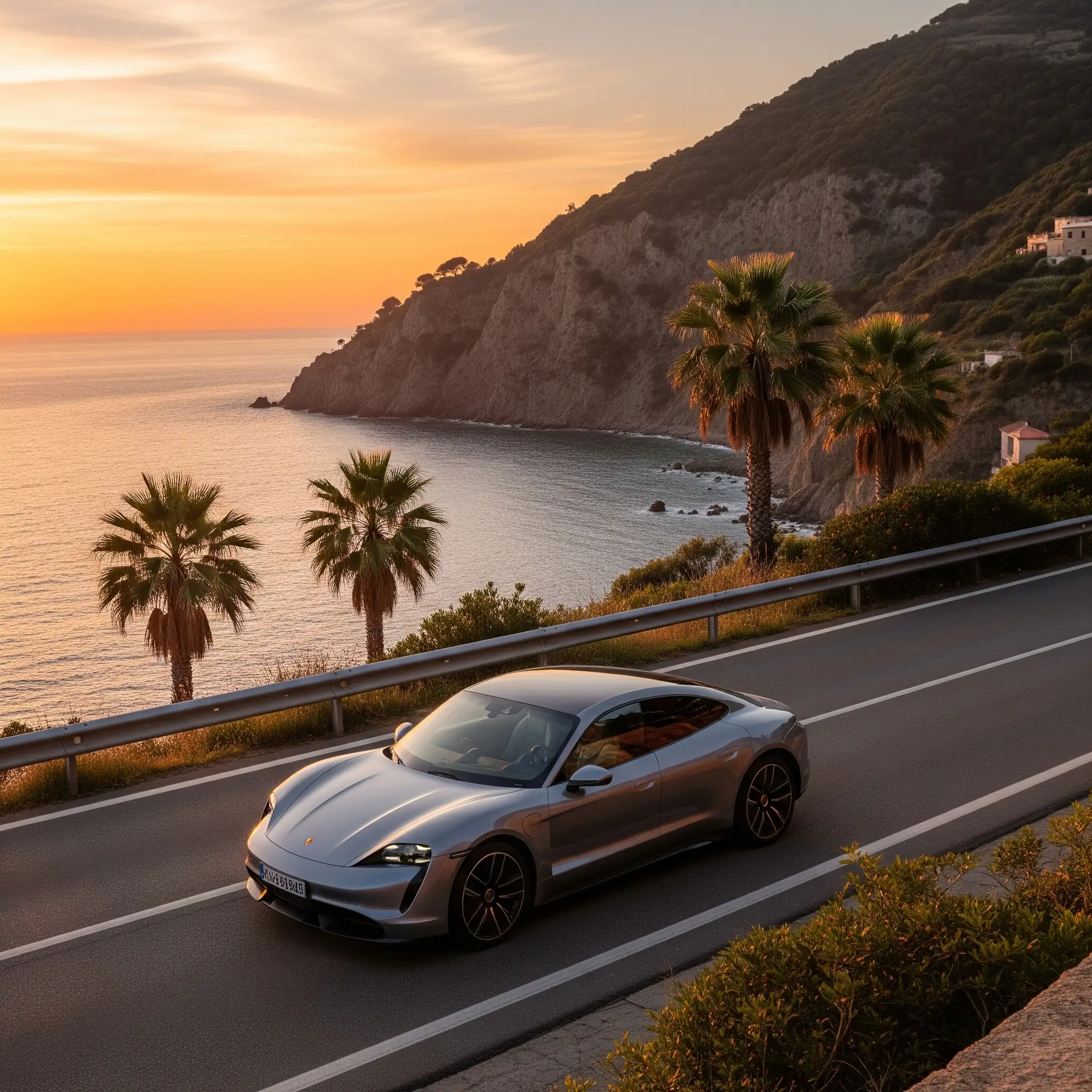 Auto elettrica che viaggia su una strada panoramica al tramonto