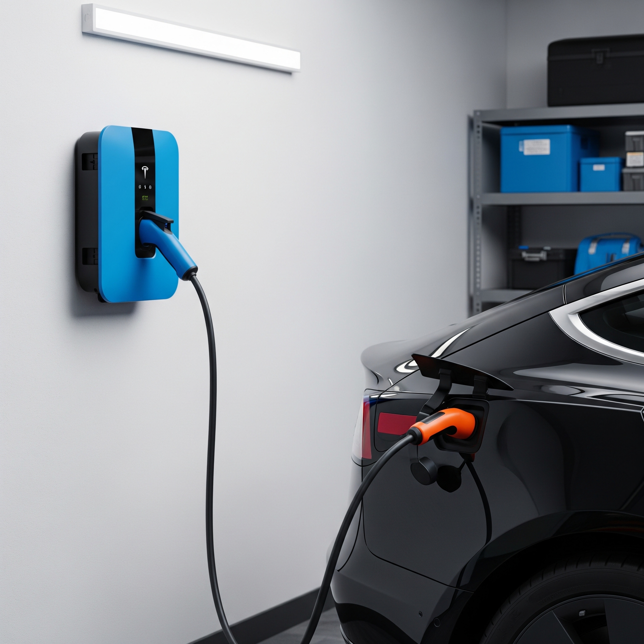 Wallbox per ricarica auto elettrica installata in un garage pulito
