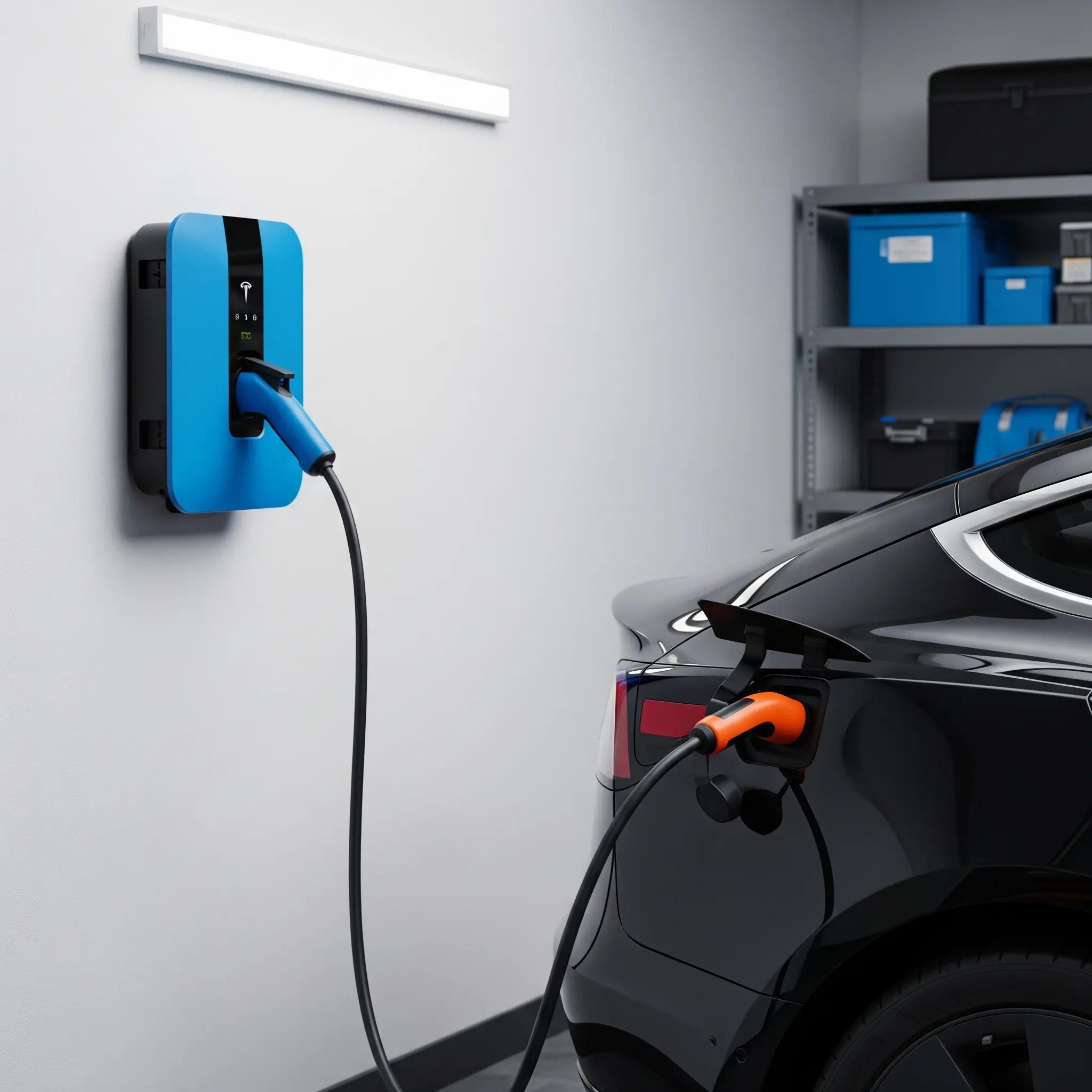 Wallbox per ricarica auto elettrica installata in un garage pulito